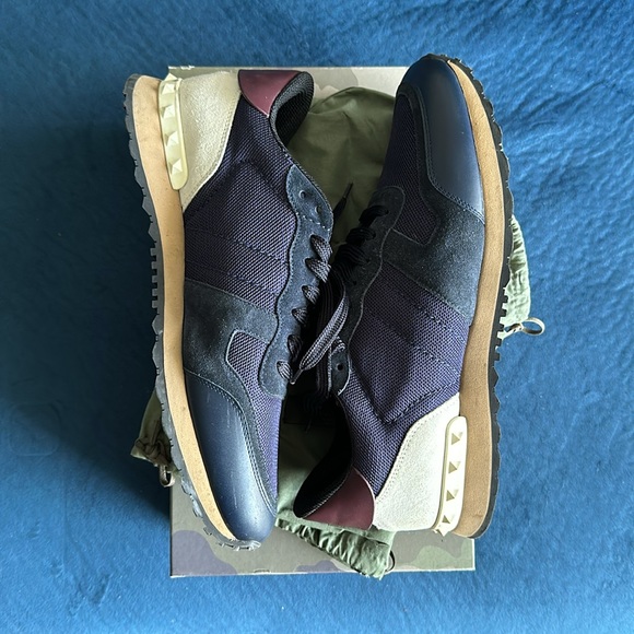 Valentino Garavani Navy Blue Off-White & Burgundy Rockrunners Size 44 or 11 - Picture 8 of 12